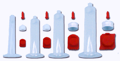 Dispensing Barrels, Syringes, 3cc, 5cc, 10cc, 30cc, 50cc, 55cc, Tip Cap, End Cap, Piston, Stopper, Air Powered, Pneumatic