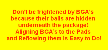 Dont be frightened by BGAs 
because their balls are hidden 
underneath the package! 
Aligning BGAs to the Pads 
and Reflowing them is Easy to Do!